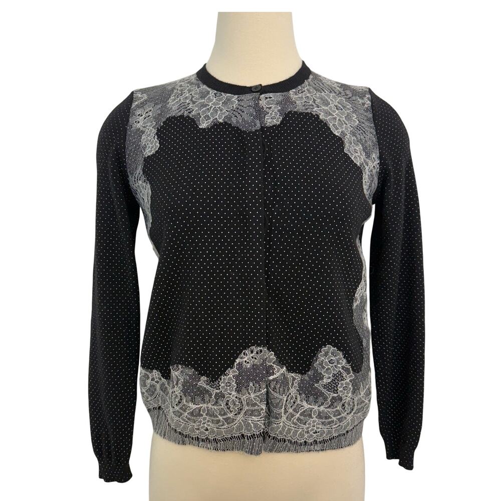 Valentino Knit Cardigan Sweater Button-Front Long Sleeve Black w/ Lace Trim